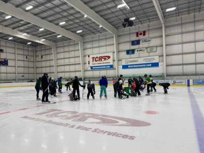 Group of skaters practicing on indoor ice.