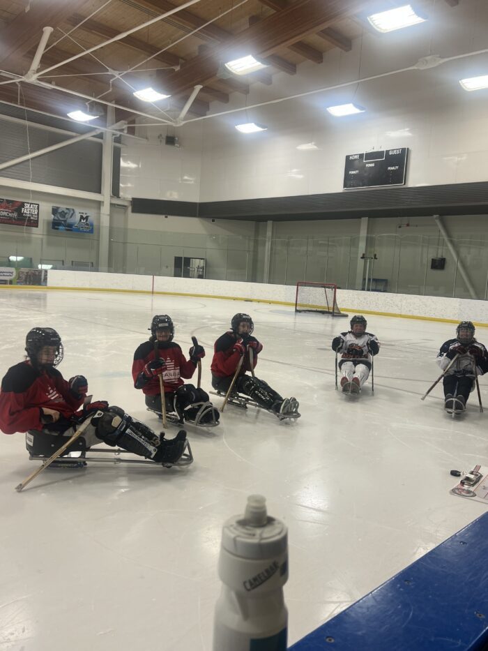 Group of women para hockey players on the ice.